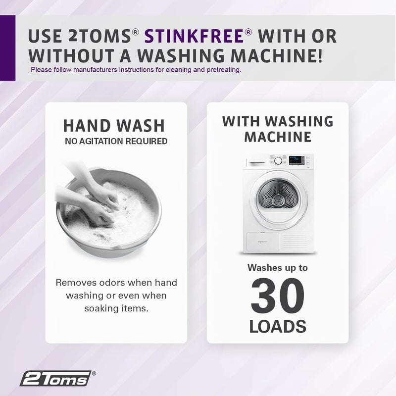2Toms StinkFree Laundry Detergent, Fragrance Free Odor Eliminator for Athletic Clothes & Gear, Formulated for Sweat, 30 Ounce Bottle - Image 4